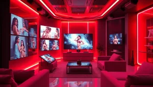 Futuristic adult entertainment studio showcasing interactive AI-generated porn ai imagery.