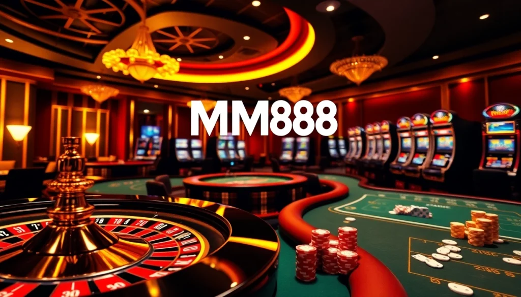 Engaging scene of players at Nhà cái MM88's casino with roulette wheel and poker tables.