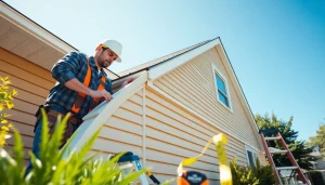 Expert siding installation process on a home by a professional contractor with tools.