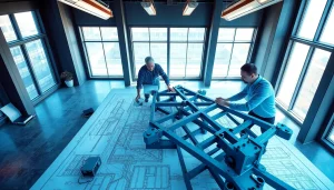 Engineers collaborating on a steel structure design with blueprints and digital tools.