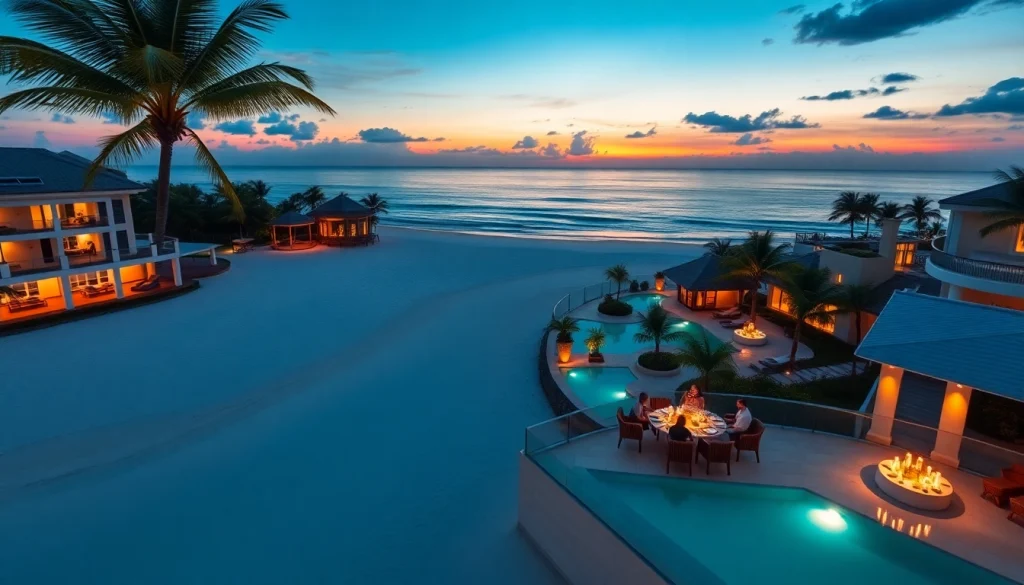 Luxury travel destinations featuring a romantic beach resort at sunset with elegant villas.