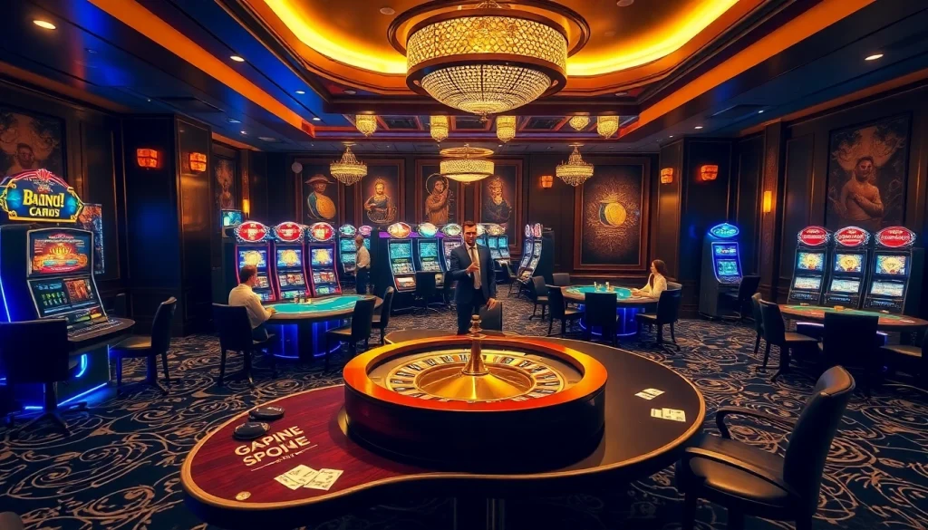 Players enjoying thrilling casino games at GO8 with vibrant slots and elegant poker tables.