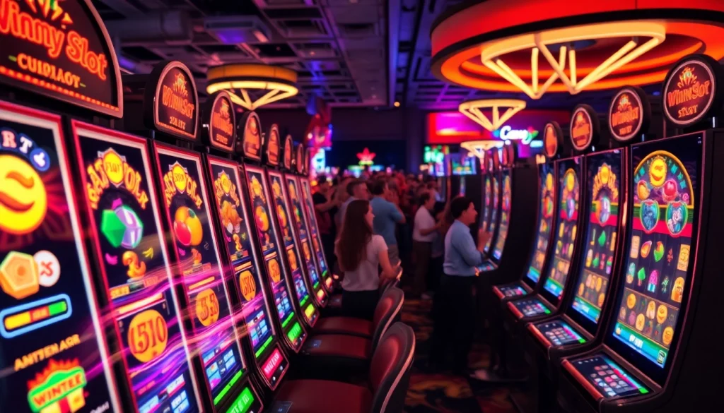 Permainan slot winmy yang mengasyikkan dengan mesin berwarna-warni dan suasana kasino yang meriah.