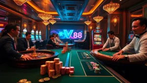Excited players engage with VN88 online casino games at a luxurious gambling table.