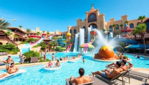 Aquaventure Waterpark at Atlantis The Palm Dubai showcasing families enjoying water rides and attractions.