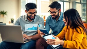 Engaging scene of content monetization for creators with professionals collaborating in a bright workspace.