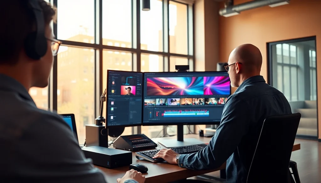 Showcasing video editing services through a professional editor working in a vibrant studio environment.
