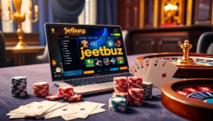 Experience thrilling gambling excitement at jeetbuzz with poker chips and cards in a vibrant casino scene.