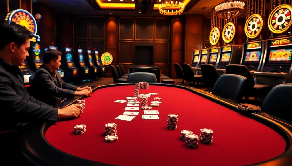 Players engaging in a lively poker game at the 7mcn casino, surrounded by vibrant chips and cards.