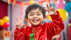 Pietenpak van een vrolijk kind in een feestelijke omgeving met kleurrijke ballonnen.