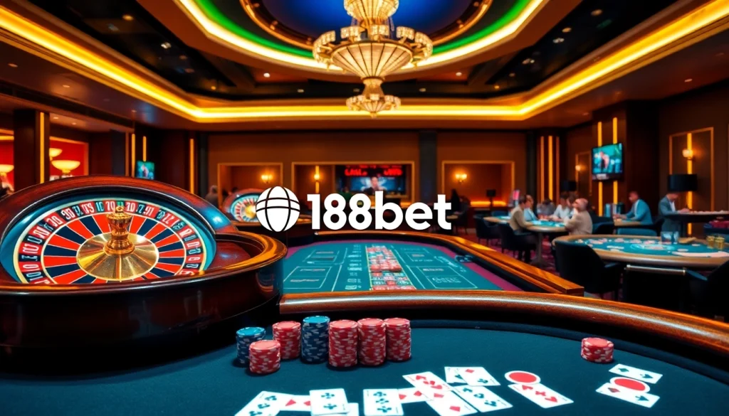 Experience exciting gameplay at 188bet, featuring high-stakes tables and roulette wheels in a modern casino.