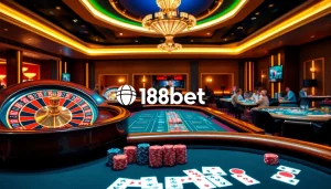 Experience exciting gameplay at 188bet, featuring high-stakes tables and roulette wheels in a modern casino.