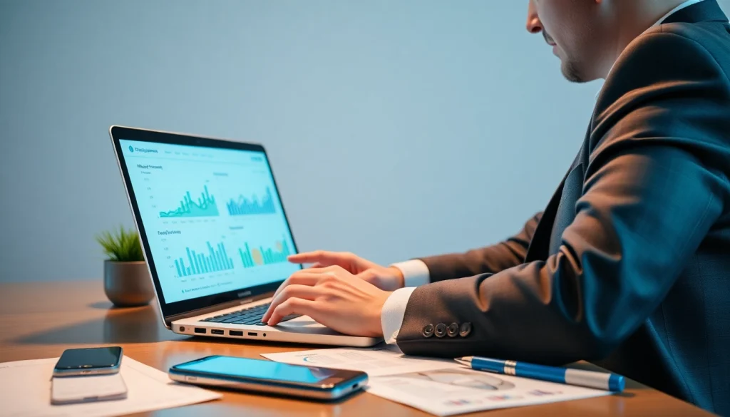 금융 분야의 소액결제(소액결제): 노트북에서 디지털 거래를 분석하는 비즈니스 전문가를 보여주는 이미지