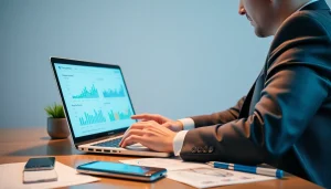 금융 분야의 소액결제(소액결제): 노트북에서 디지털 거래를 분석하는 비즈니스 전문가를 보여주는 이미지