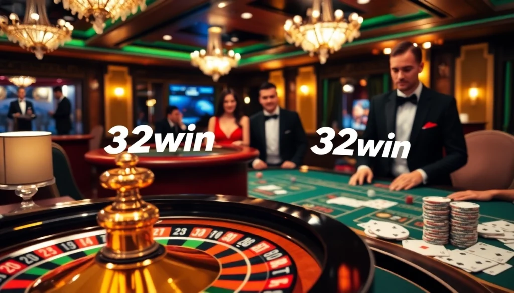 Engaged players enjoying a thrilling game at 32win.com, with vibrant casino elements and excitement.