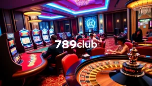 Experience an exciting game at 789club with players enjoying poker and slot machines amidst luxurious casino decor.