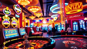 Engage with https://casinodeets.com at a lively casino venue filled with vibrant slot machines and energetic players.