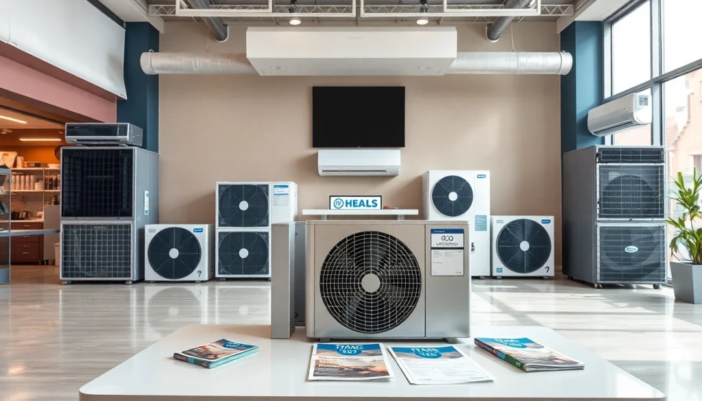 HVAC dealers showcasing modern energy-efficient systems in a professional showroom.