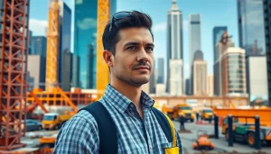 New York Construction Manager supervising a lively construction project with engaged workers.