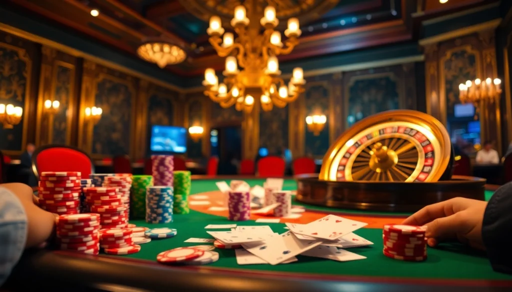 Engaging casino scene featuring 소액결제 in action at a poker table with vibrant chips and cards.
