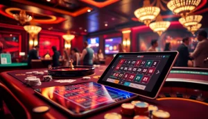 Hi88 casino scene featuring poker chips and a roulette wheel, capturing the thrill of online gambling.