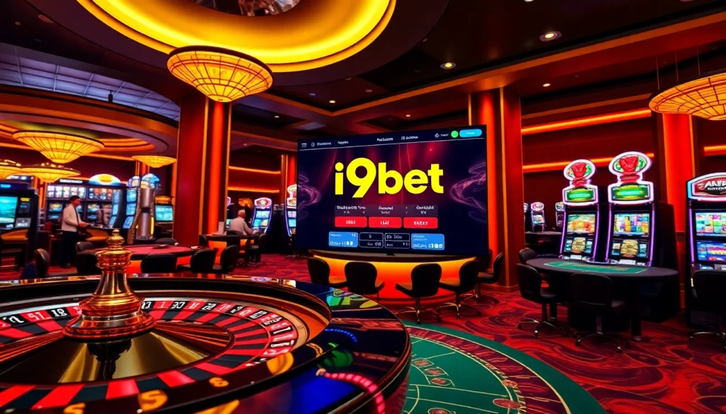Players engaged with i9bet online gambling, featuring roulette and blackjack tables in a vibrant casino.