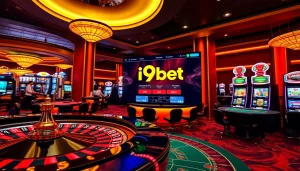 Players engaged with i9bet online gambling, featuring roulette and blackjack tables in a vibrant casino.