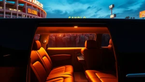 World Cup Group Transportation in a luxury limousine outside a vibrant LA stadium at sunset.
