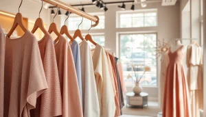 Showcasing Rivelle's elegant fashion collection in a sophisticated boutique setting.