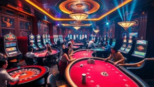 The bustling casino interior at https://topclub.space/ features glamorous poker tables surrounded by enthusiastic players.