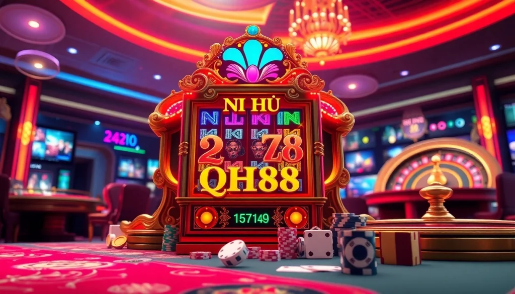 Nổ Hũ QH88 engaging slot machine experience in a vibrant online casino scene.