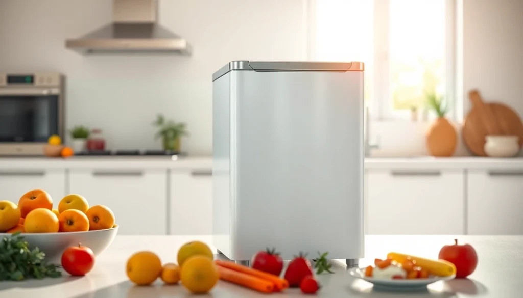 Showcasing a mini freezer filled with fresh produce and frozen items in a modern kitchen.
