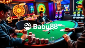 Engage in thrilling gameplay at Babu88's luxurious casino table with vibrant poker elements.