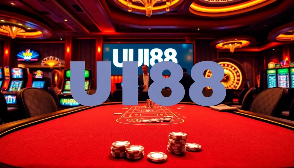 UU88 gaming excitement with players, poker chips, roulette wheel, and luxurious casino setting.
