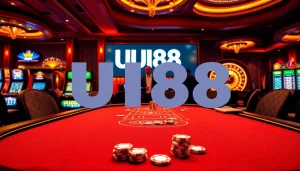 UU88 gaming excitement with players, poker chips, roulette wheel, and luxurious casino setting.