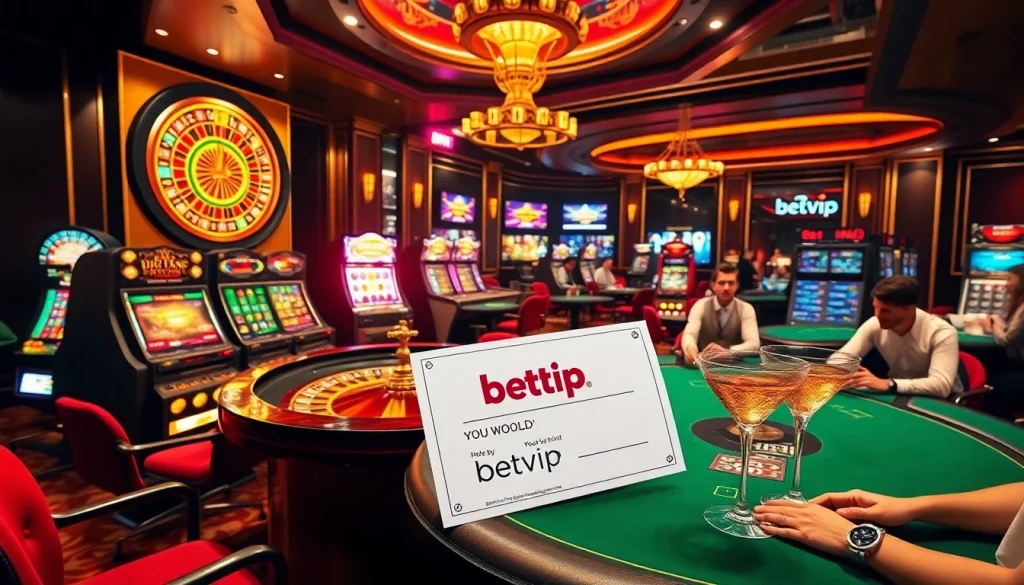 Cảnh sống động của một casino cao cấp với máy đánh bạc sáng và bánh xe roulette, thể hiện thương hiệu Betvip.