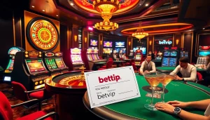 Cảnh sống động của một casino cao cấp với máy đánh bạc sáng và bánh xe roulette, thể hiện thương hiệu Betvip.