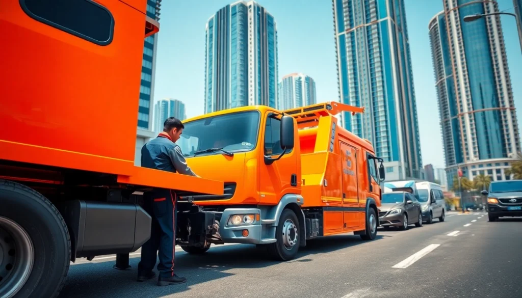 Assistance by https://trtrecoveryuae.com with a bright tow truck in action on Dubai streets.