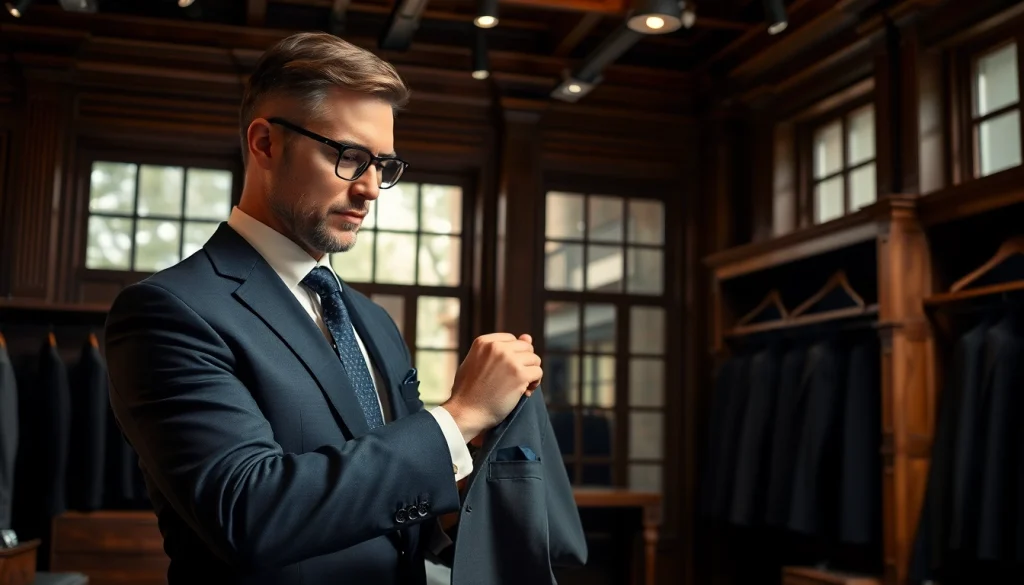 Tailor made bespoke suits being fitted with precision in a stylish boutique setting.