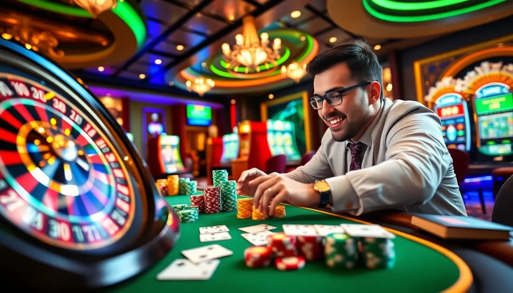 Engaging scene depicting nhà cái Jun88 with vibrant casino elements and enthusiastic players.