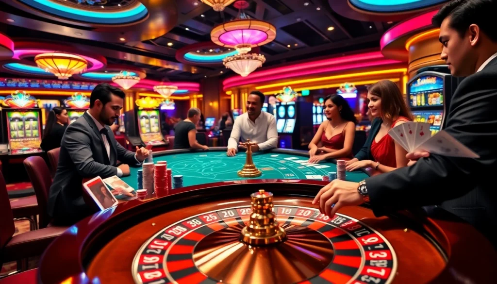 Exciting players at a casino table on https://topclub.site/ enjoying high-stakes poker with vibrant chips.