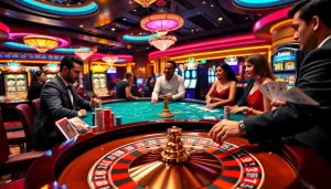 Exciting players at a casino table on https://topclub.site/ enjoying high-stakes poker with vibrant chips.