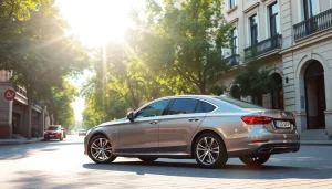 Modern luxury car rental in Chișinău, Moldova, showcasing avtoprokat services with vibrant city backdrop.