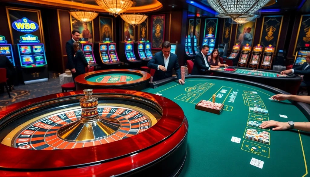 W88 branded table games and slot machines create an exciting gaming atmosphere.