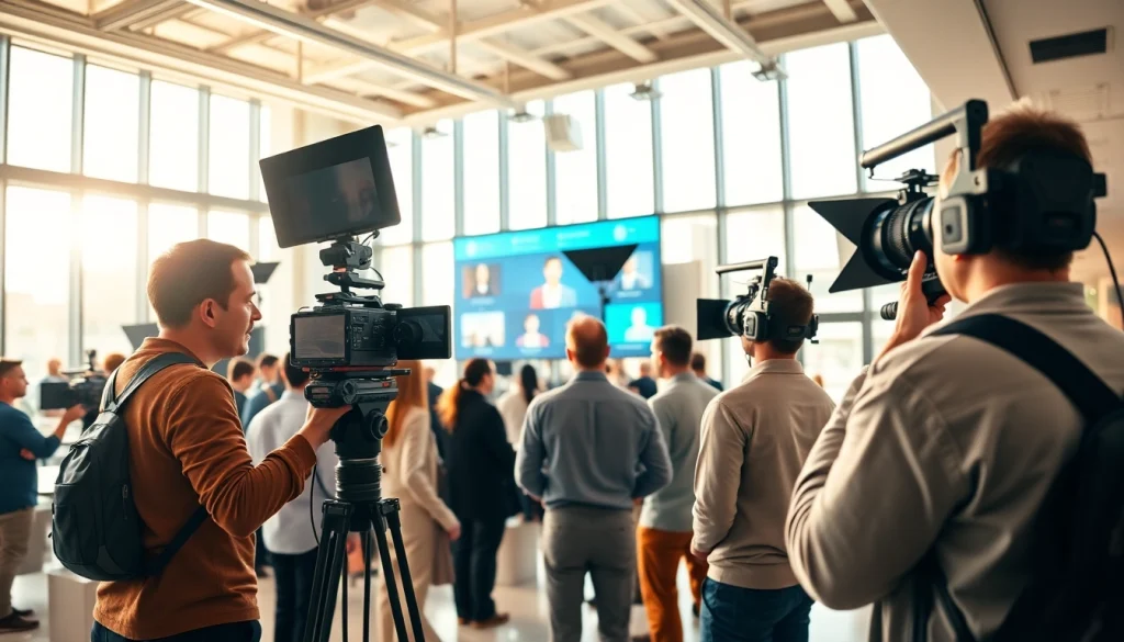 Capture of a dynamic Video Production Company Phoenix team filming a corporate event in a modern office.