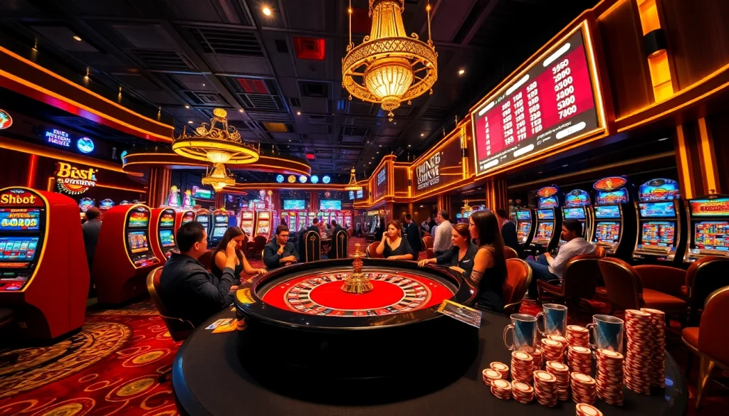 Players enjoying games at the luxurious shbet casino, surrounded by colorful slots and roulette excitement.