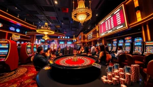 Players enjoying games at the luxurious shbet casino, surrounded by colorful slots and roulette excitement.
