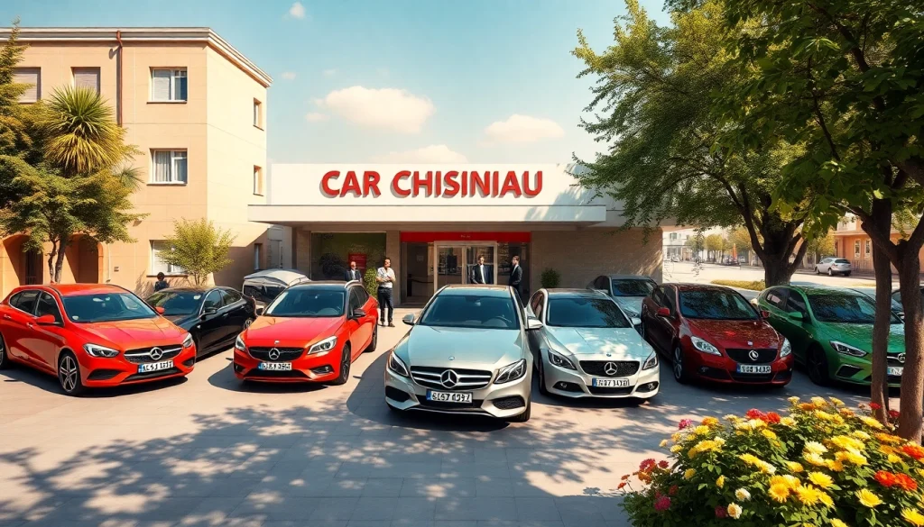 Rent a car Chisinau, showcasing diverse vehicles in front of a modern rental office on a sunny day.