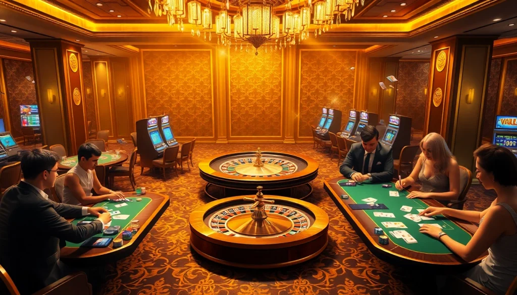 Glamorous VUA99 gambling scene showcasing luxurious casino tables and players.