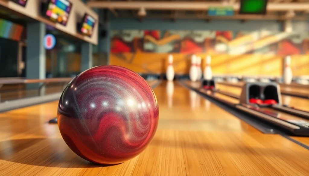 Professionally refurbished used bowling equipment showcased in a vibrant bowling alley.